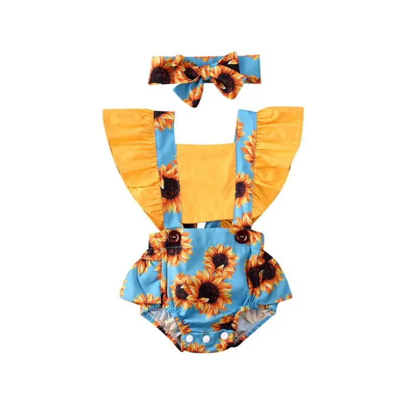 

Newborn Infant Kids Baby Girl Sunflower Print Suspender Bodysuit Romper+Bowknot Headband Outfits Summer Clothes Set