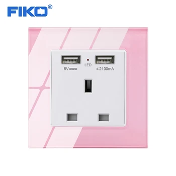 

FIKO 13A British standard with 2USB, Pink Tempered Glass Panel UK socket , family hotel 86mm*86mm wall power socket
