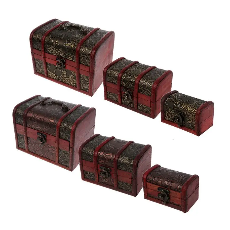 

3Pcs Vintage Wooden Treasure Chest Box Decorative Wood Storage Trunk for Pirate Jewelry Keepsake Toy Carved Flower Box