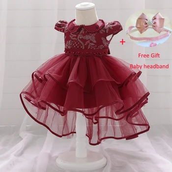 

Bbay Girls Dress Puff Sleeves Beaded Irregular Net Yarn Little Tail Infant New Embroidery Princess Wedding Dress For 0-24 Months