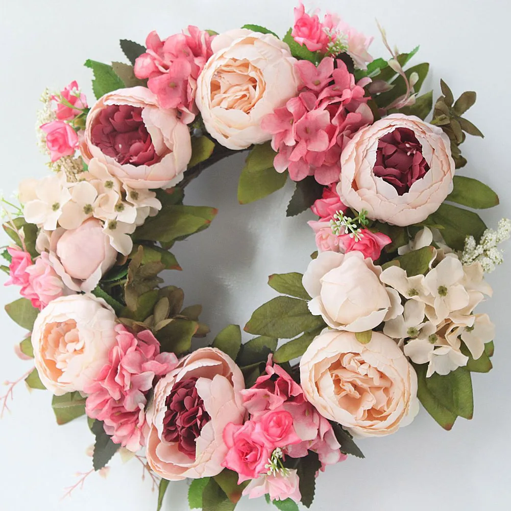 

40CM Artificial Peony Flower Wreath - Pink Flower Door Wreath with Green Leaves Spring Wreath for Wedding Party Home Decor