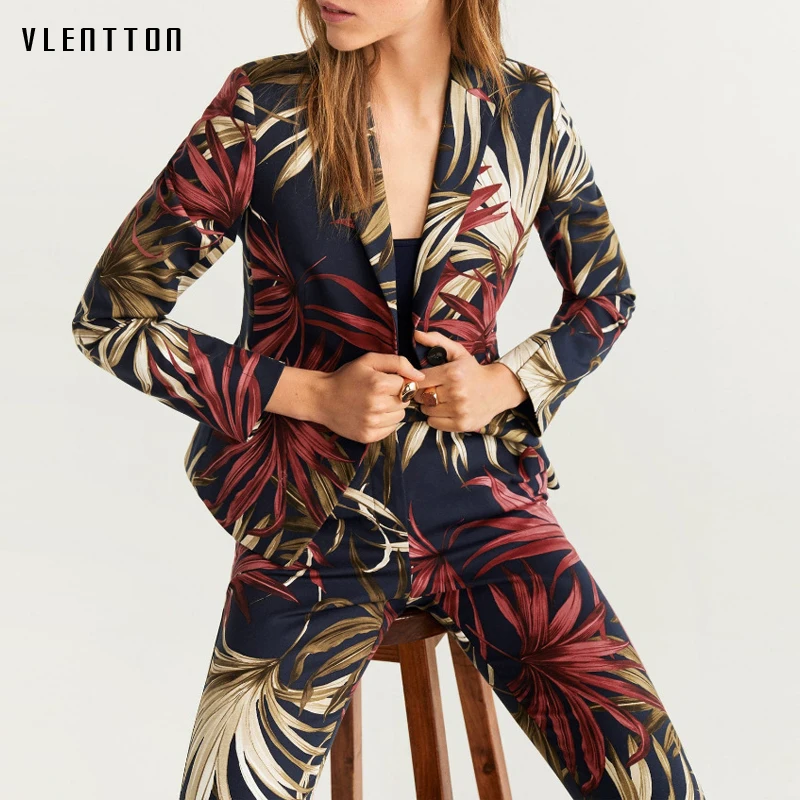 

Autumn Flower Print Two Piece Set Women Single Breasted Short Office Lady Jacket Blazer Outwear+Zipper Pants Suit Female Trouser