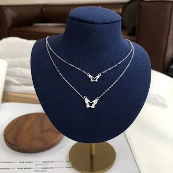 

Real 925 Sterling Silver Double Layer Chains Crystal Butterfly Necklaces for Women, New Choker Necklace Fine Jewelry On The Neck