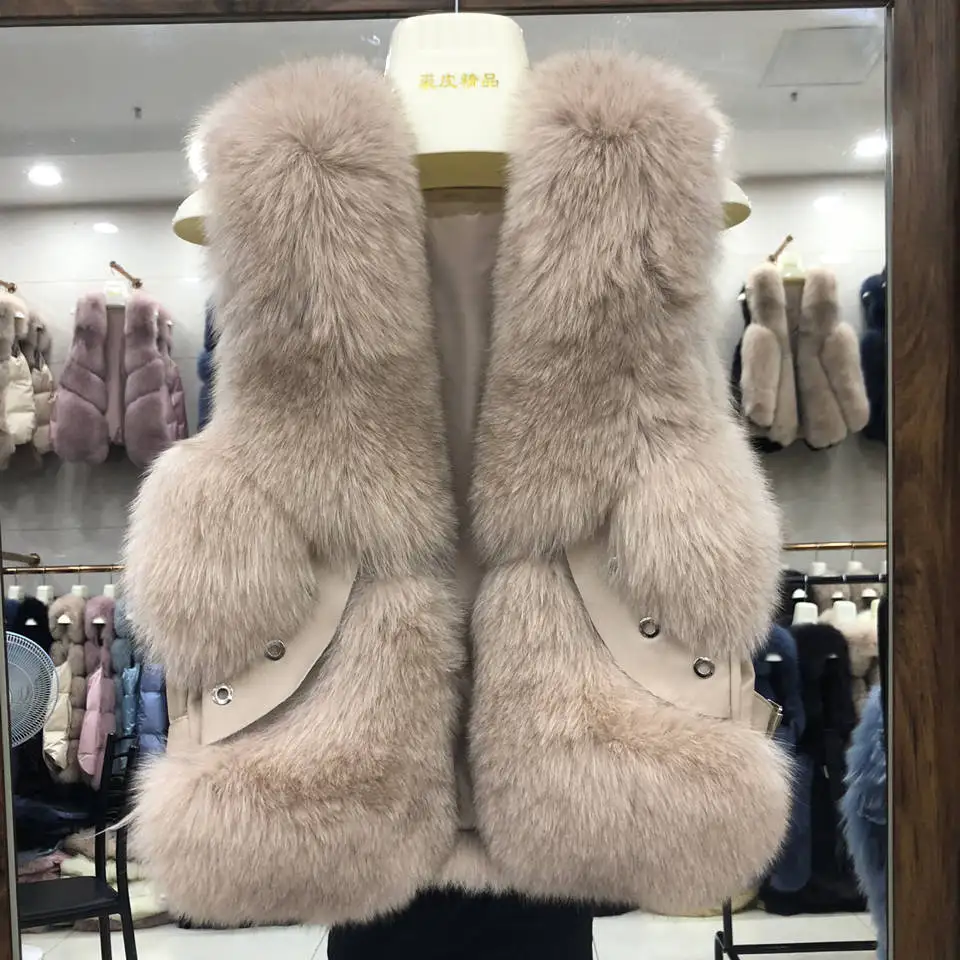 Женские зимние пальто жилетки из натурального Лисьего меха модные короткие меховые жилеты с кожаными заклепками женская натуральная меховая жилетка куртка N131
