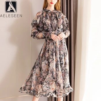 

AELESEEN Runway Silk Dress 2020 Elegant Fashion Summer Spring Dress Bow Ruffles Flower Print Elegant Holiday Party Dress