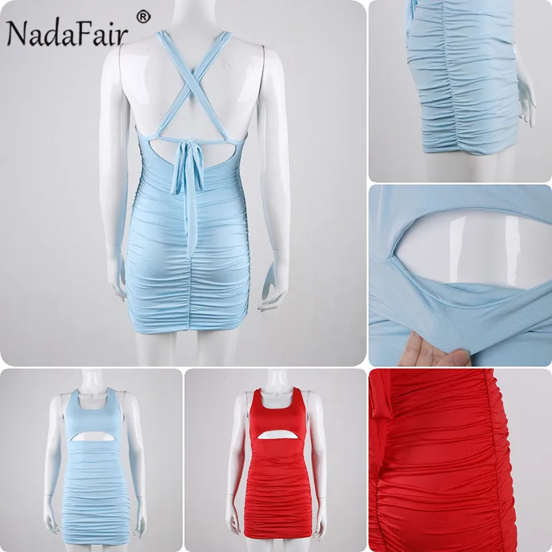 Nadafair Summer Mini Sexy Bodycon Dress Women Ruched Hollow Out Backless Wrap Bandage Halter Club Party Red Vestidos|Платья| |