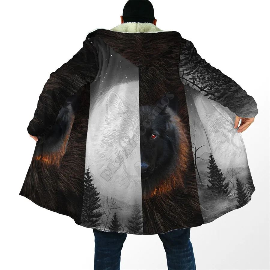 Winter Men For Women Hooded Cloak Black and White Wolf 3D All Over Prined Fleece wind breaker Warm Hood cloak