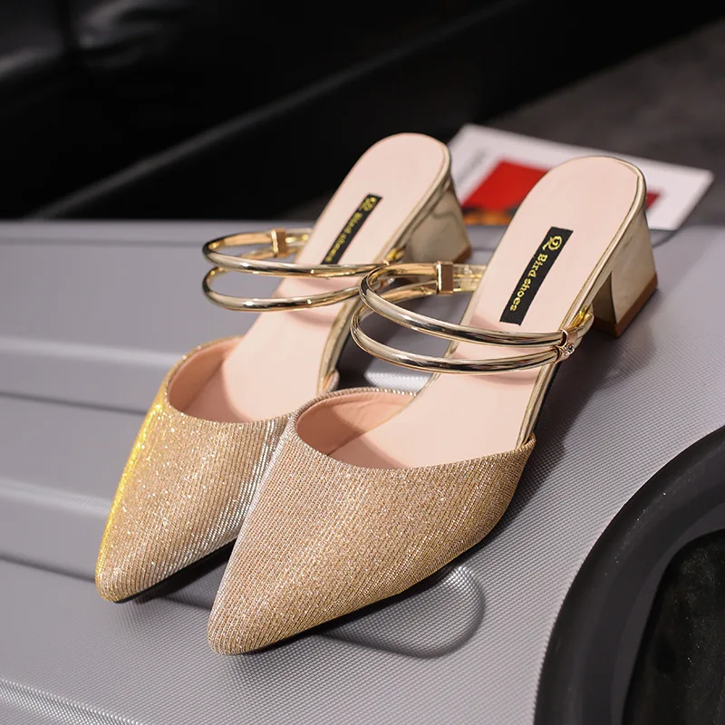 

2019 Spring And Summer New Style A- line Strap Sandals Women's Double Purpose Chunky High Heel Versatile Sequin High Heel Shoes