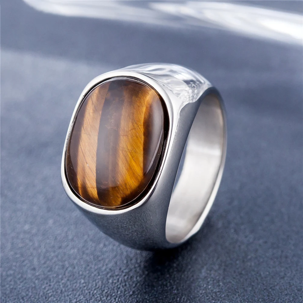 Gold Color Rings Stainless Steel Ring Finger Ring Gold Color Ring Gold/steel Color Retro Tiger Eye Brown Stones Rings For Men Women Classic Elegant Simple Jewelry Gift