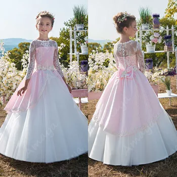 

Amaya Pink Long Sleeves Ball Gown Flower Girl Dresses Lace Bow Belt Communion Gowns O Neck Pageant Birthday Vestidos Niñas