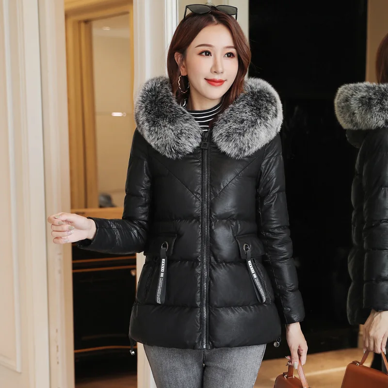 

2019 Winter New Style PU Leather down Feather Cotton-padded Clothes Women's Middle Long Coat Fashion Korean-style Elegant Cotton