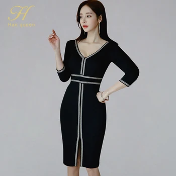

H Han Queen Elegant Slim Pencil Bodycon Dress Women New Patchwork V-neck Sheath Dresses Casual Knee-length Office Lady Vestidos