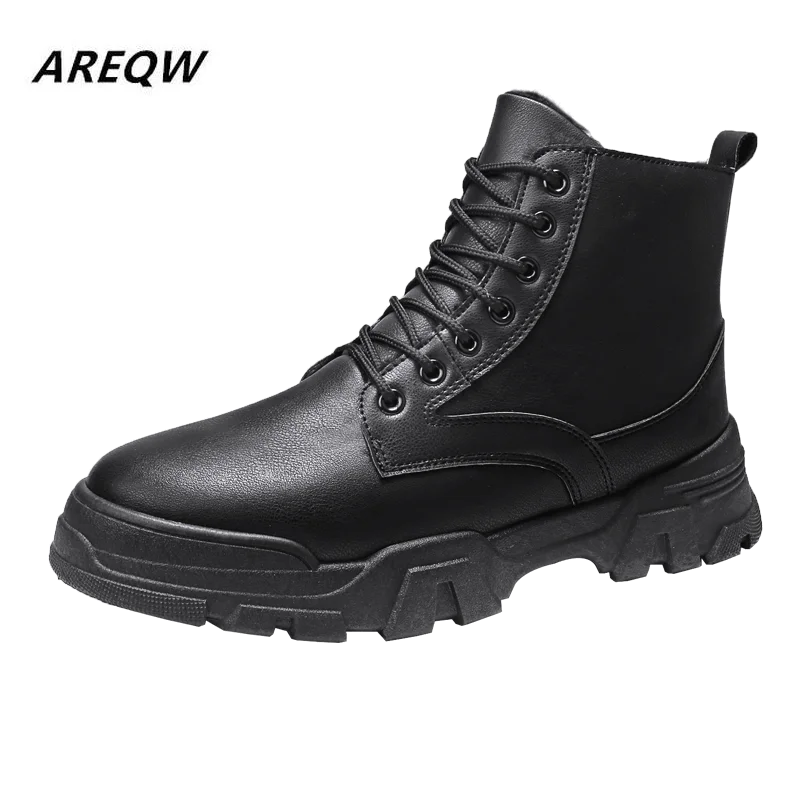 2019 Winter Plush High Solid Color New Leather Martin Boots Fashion Trend British Style Wild Wear Flat Men's | Обувь