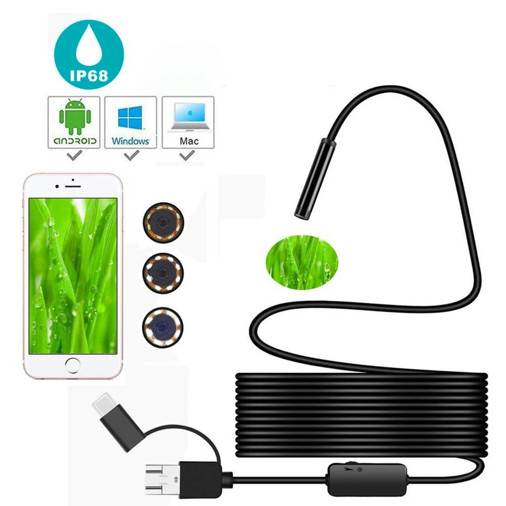 5.5mm/7mm Lens Android Endoscope 3in1 USB Inspection Borescope Camera IP67 Waterproof for Android Phones PC Industrial Pipescope