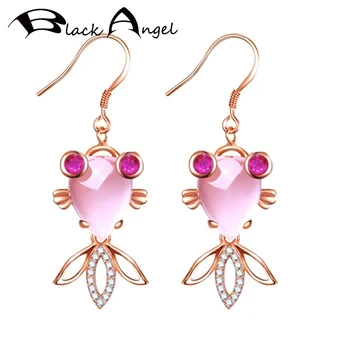 

BLACK ANGEL Luxury Rose Quartz Pink Gemstone Small Goldfish Long Drop Earrings For Women Fashion Jewelry Christmas Gift