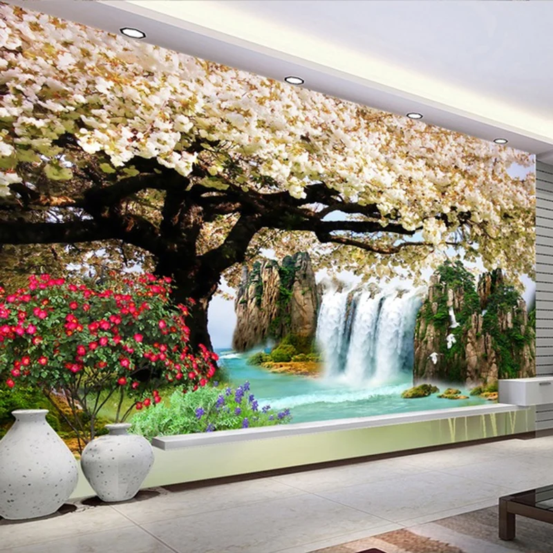 

Dropship Custom Any Size Murals 3D Nature Wallpapers Modern Cherry Blossom Tree Waterfalls Landscape Wall Painting Home Decor