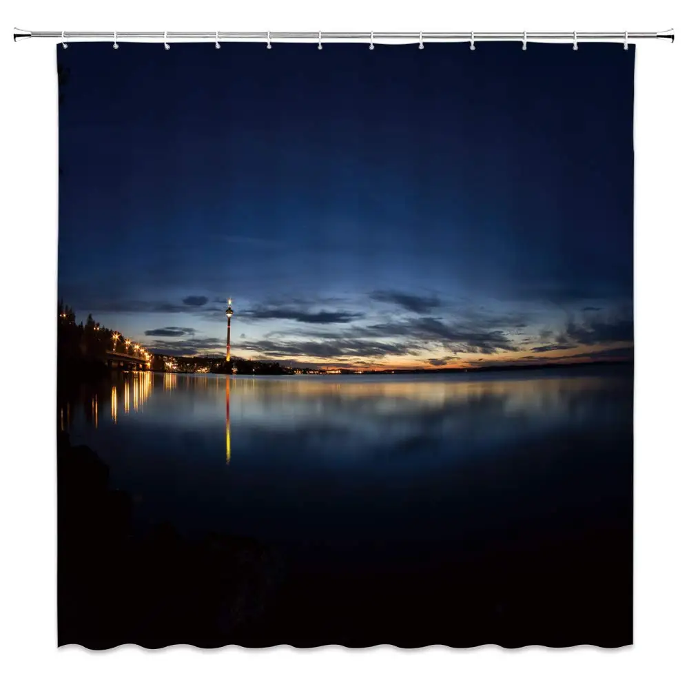 

Night Scene Shower Curtain Decor Night View Sea Ocean City Building Light Scenery Landscape Creative Bathroom Curtain Polyester