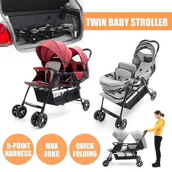 

Folding Twin Baby Strollers Lightweight Double 2 Seat Twins Baby Trolley Front And Back Tandem Stroller Car Kid Can Lie Flat