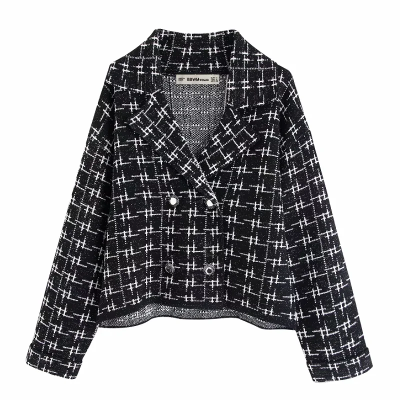 

New Women Vintage Metallic line color mathing plaid Jacket ladies turn down collar casual outwear knitting chic Coat Tops CT351