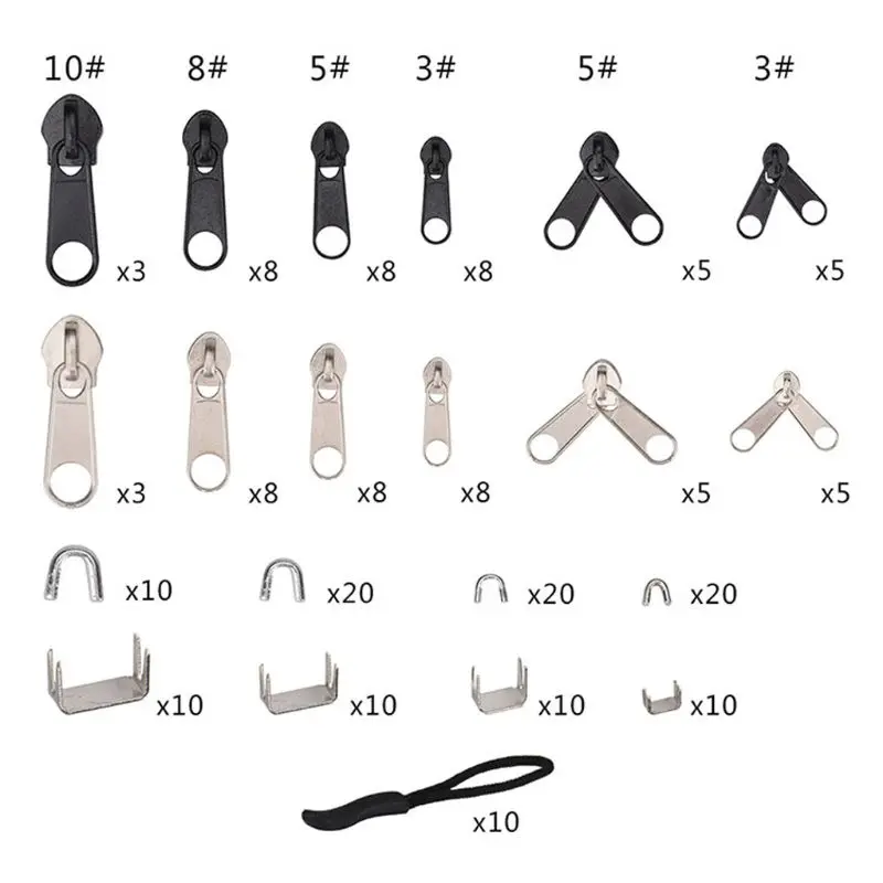 OOTDTY 194pcs/set Zipper Replacement Repair Kit Universal Instant Fix Head Zip Slider