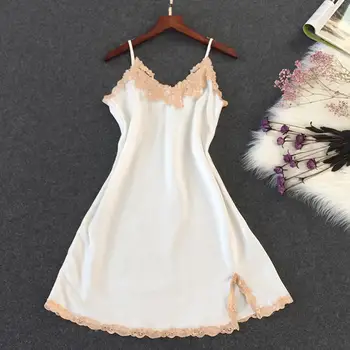 

Women Casual Spaghetti Strap Lace Floral Split Hem Sleepwear Dress Home, Spring, Summer, Autumn Mini Front