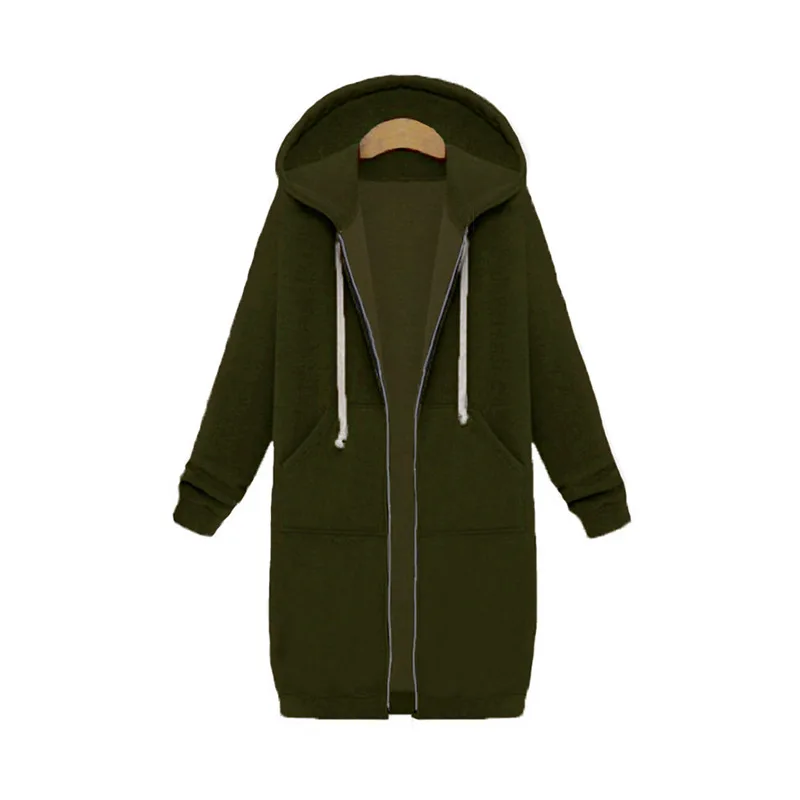 Женская куртка с капюшоном, зимняя, с длинным рукавом, на молнии, хлопок, флис, пальто, тонкая, плюс бархат, теплая верхняя одежда - Цвет: Армейский зеленый