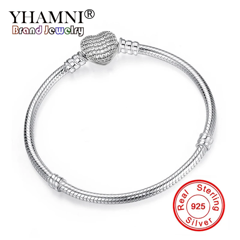 

YHAMNI 100% Original 925 Solid Silver Snake Chain Bracelet Secure Heart Clasp Beads Charms Bracelet For Women DIY Jewelry Making