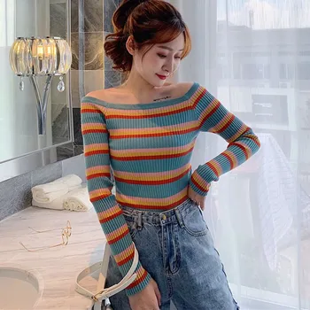 

Women Autumn Winter Stripes Print Slim Long Sleeved Slim Bottom Cropped Knit Sweater Pullover Tops W1