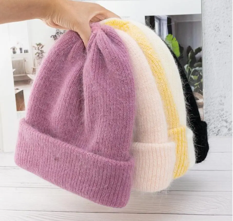 

Fuzzy Cashmere Beanie for Women Girls 2021 Warm Double Layers Soft Plain Knit Mint Pink White Thick Winter Hat