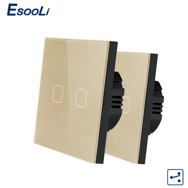 Esooli ЕС стандарт 1/2 банды 2 способ управления настенный выключатель света, кристалл стеклянная панель, крест/через переключатели, 2 шт./упак - Цвет: 2 Gang 2 Way Gold