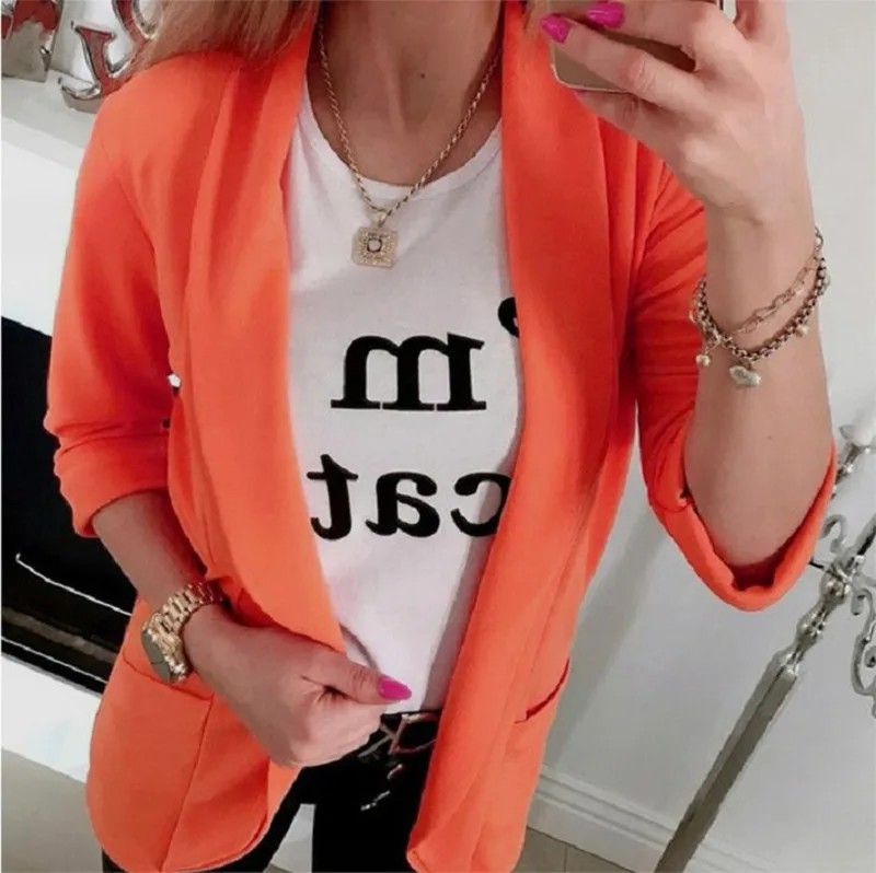 Оранжевый YELITE Solid Long Sleeve Casual Small Blazer Feminino Women Thin Blazers and Jackets Tops Suit Cardigan Open Stitch Outwear - Цвет: Оранжевый
