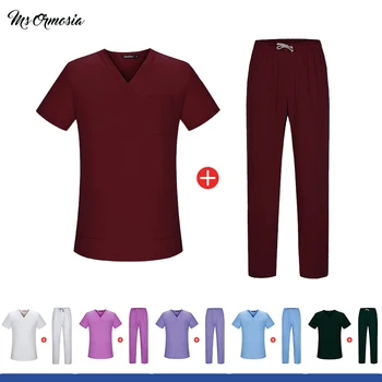 

Solid color Beauty salon uniform Dentistry nurse Doctor Medical Surgical clothing uniform pharmacy scrub Tops and pants Outfit