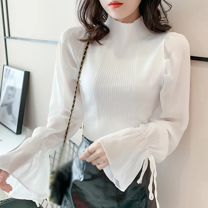 

ETOSELL Sweet Turtleneck T-shirt Women Chiffon Stitching T-shirts Spring Autumn Ice Silk Long Sleeve Knitted Tops