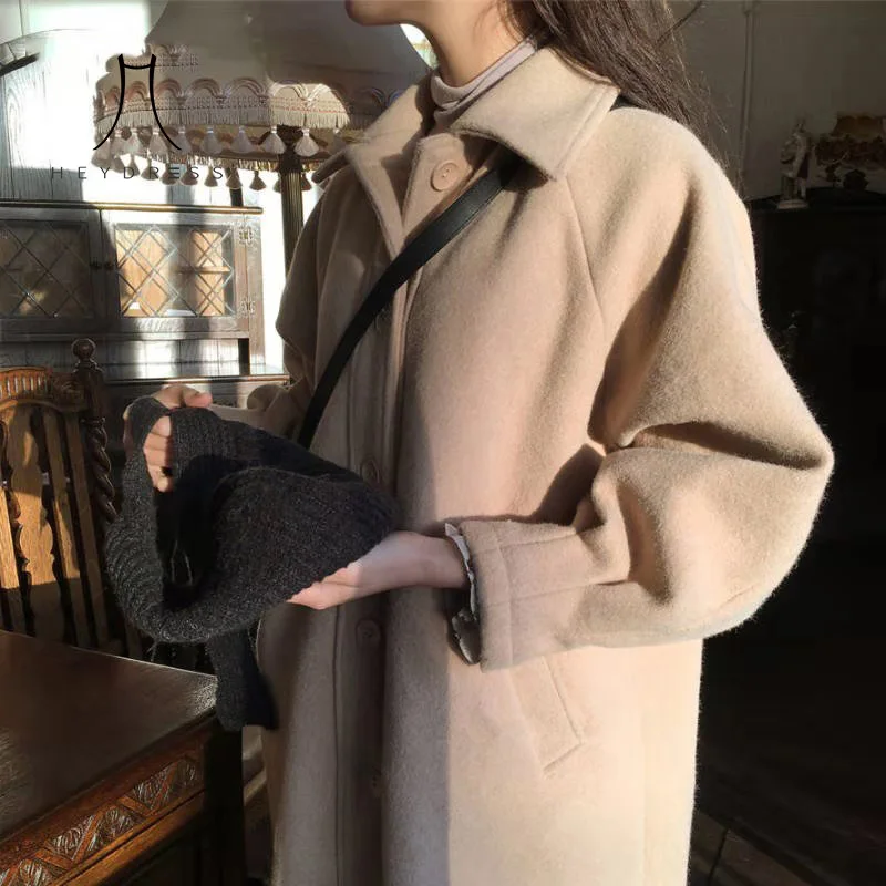 Heydress женское осеннее свободное теплое длинное пальто винтажное однобортное женское Шерстяное Пальто Повседневная Уличная Женская плотная одежда