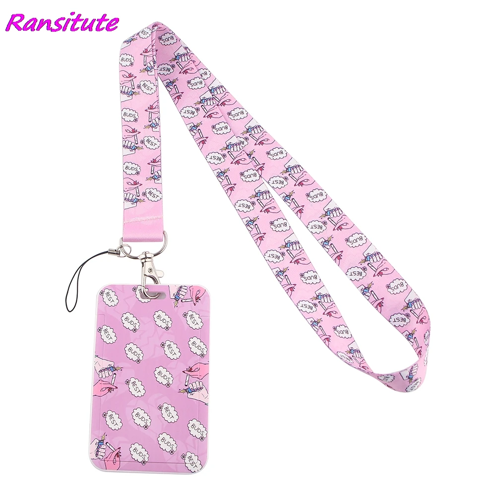

Ransitute R1472 Pink Best Friends Painting Art Fashion Lanyards ID Badge Holder Student Hanging Neck Subway Access Card Holder