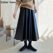 

Sister Fara New Autumn Winter PU Leather Half Skirt Women Elastic Waist Loose A-LINE Long Skirt Ladies Casual Faux Leather Skirt