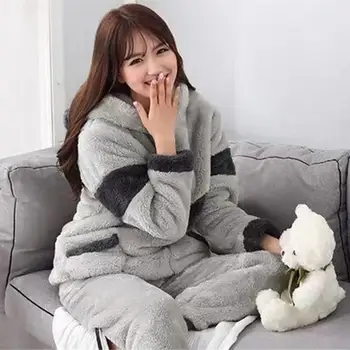 

Autumn Winter Thicken Warm Pyjamas Sets Hooded Women Coral Flannel Sleepwear Cartoon Patchwork Nightgown Suits