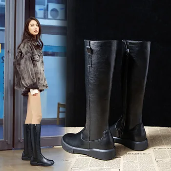 

women's British style flat bottom boots medium boots versatile single boot long tube Knight leather boots Martin boots