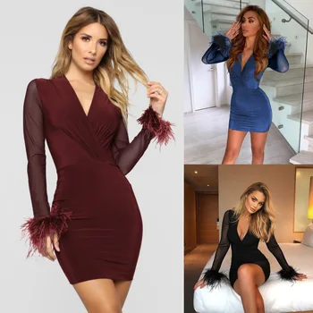 

BGW Deep V Neck Sexy Mini Cocktail Dresses Long Sleeves Women 2019 Cheap Cocktail Party Dress