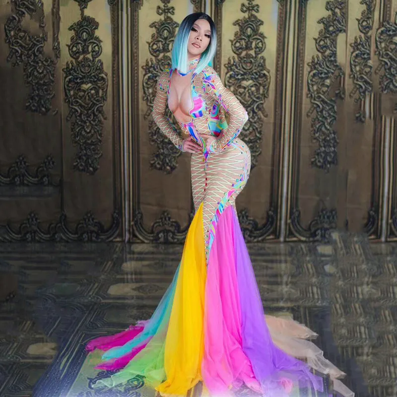 Модное яркое длинное платье со шлейфом, сексуальная одежда для сцены, большие тянущиеся цельные длинные платья, вечерние платья для певицы, танцевальный костюм для выступлений