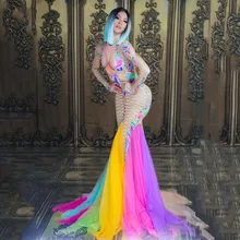 Модное яркое длинное платье со шлейфом, сексуальная одежда для сцены, большие тянущиеся цельные длинные платья, вечерние платья для певицы, танцевальный костюм для выступлений