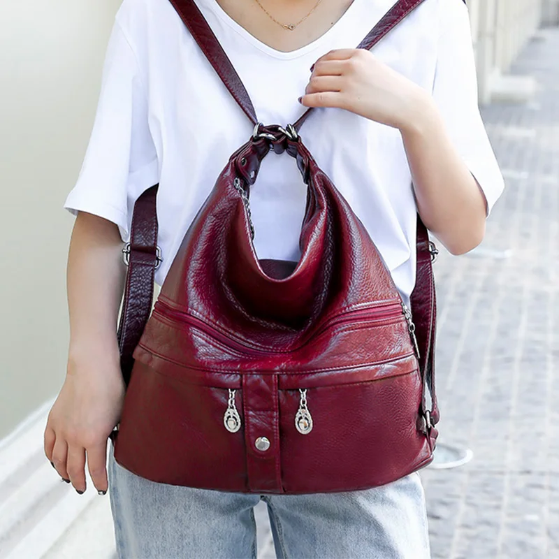 

Multiple Pockets Women Leather Backpacks Vintage Shoulder Back Pack Large Capacity Rucksacks for Girl Solid Travel Packbag Bolsa