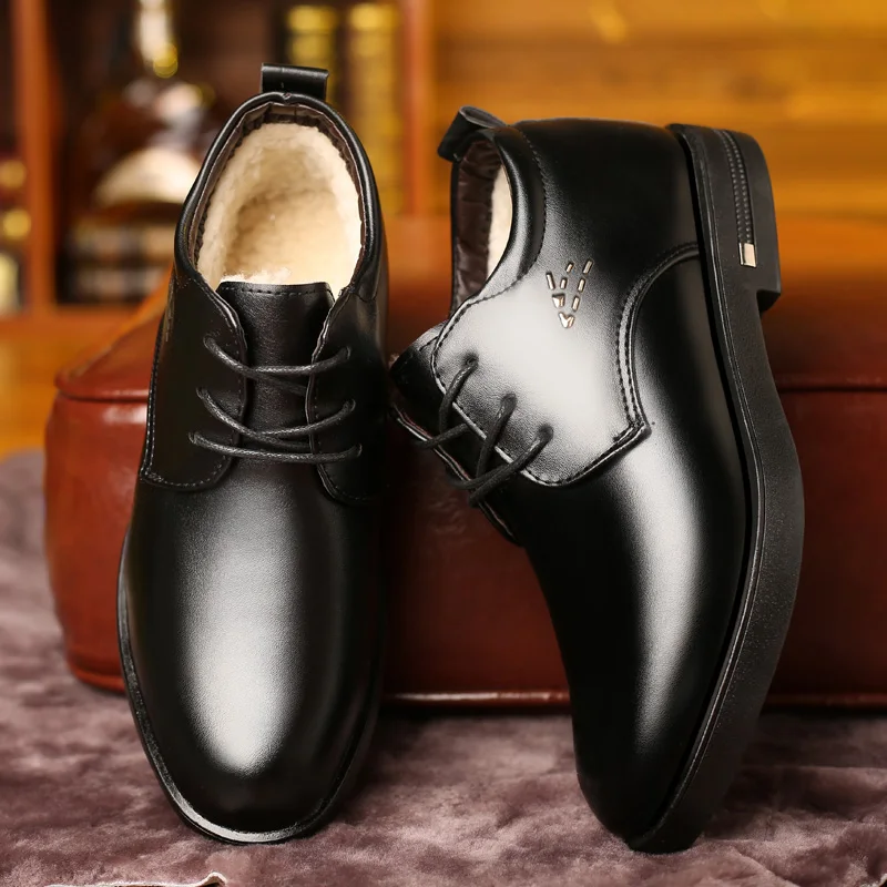 

2019 Men Cotton Shoes Male New Winter PU Leather Cotton Shoes Business Casual Plush Warm Leather Shoes Lace-Up Non-slip Flat Shoes Cotton Boots 39-44