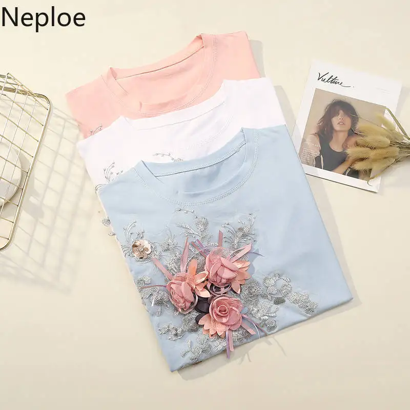 Neploe Plus Size T Shirt for Women Korean Fashion Embroidery Lace Flower Femme Shirt Tops O Neck Student Loose Casual Tee Tshirt