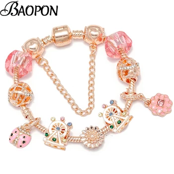 

BAOPON Ferris Wheel Beads Charm Bracelets Bangles With Ladybug & Flower Dangle Bracelet Bangle For Women Couple Fashion Jewelry
