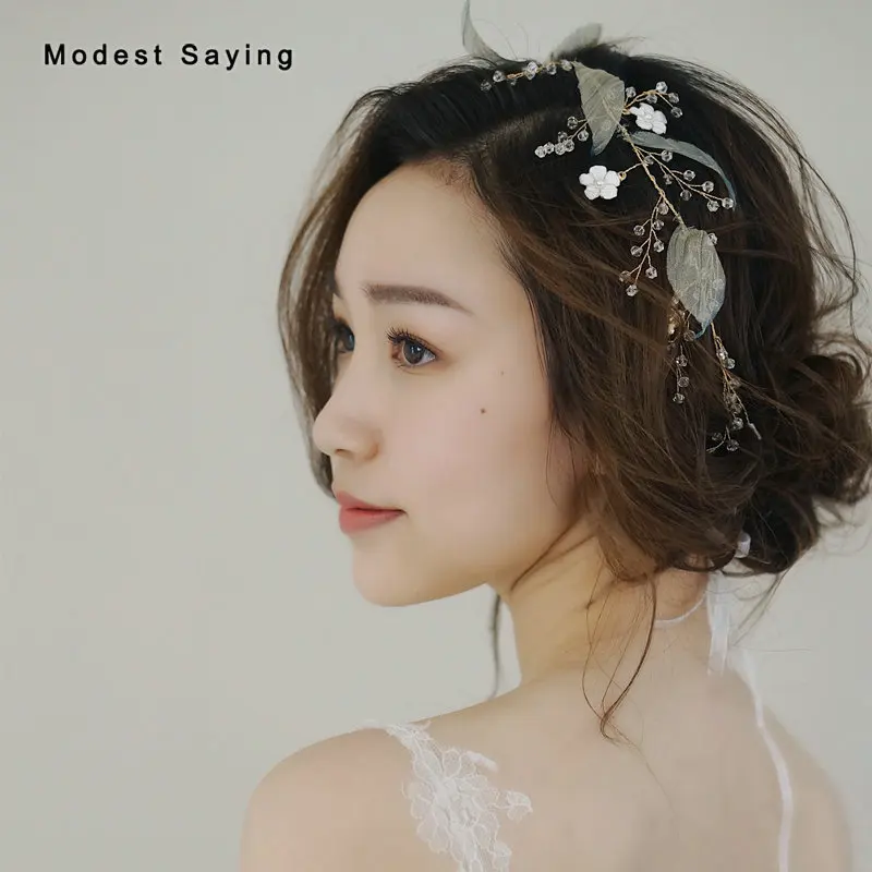 Gold Leaves Wedding Headband Crystal Bridal Headwear with Ribbons Bridal Wreath Ornaments Wedding Accessories Headpiece