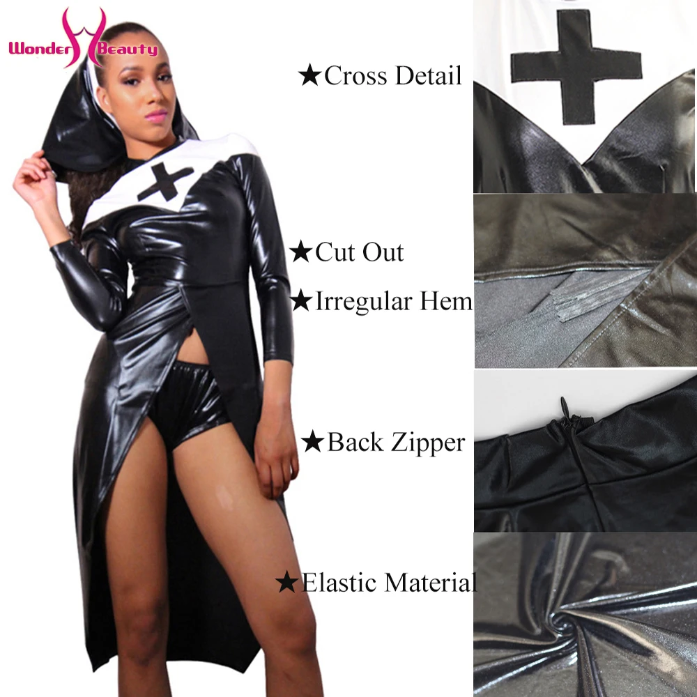 Women Saintlike Seductress Costume Faux Leather PVC Wetlook Nun Costume Halloween Cosplay Fancy Dress (4)