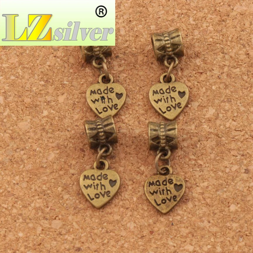 Made With Love Heart Big Hole Beads 9.8x23.5mm 100pcs Zinc Alloy Bronze Fit European Charm Bracelets Jewelry DIY B319