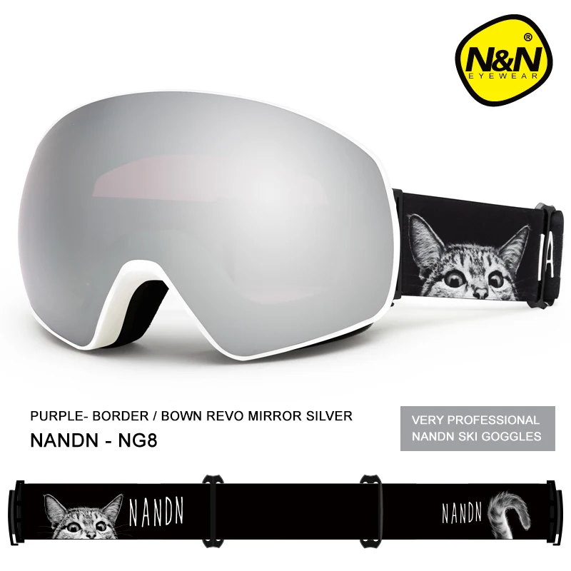 NANDN, лыжные очки, двухслойные, UV400, анти-туман, большая Лыжная маска, очки для катания на лыжах, для мужчин и женщин, очки для сноуборда - Цвет: White Frame-Silver