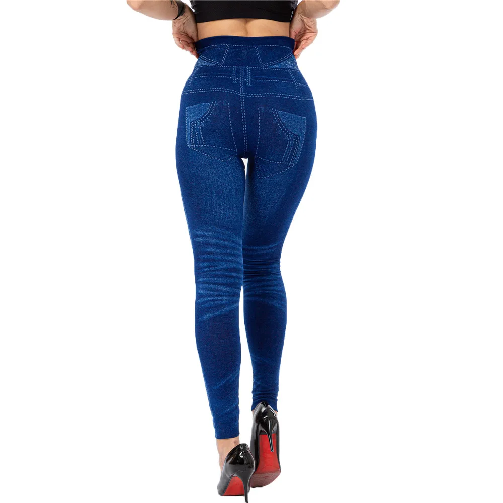 Plus Size 3XL High Waist Faux Denim Jean Leggings Slim Elastic Seamless Skinny Pencil Pant Female Workout Running Leggings tights for women